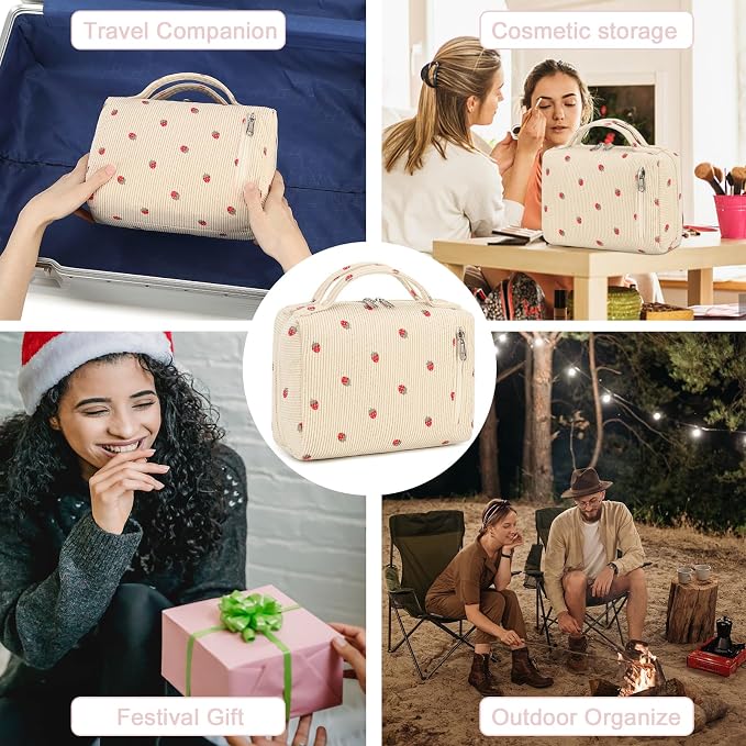 Bluboon Makeup Bag Zipper Pouch Travel Portable Cosmetic Bag Organizer for Women and Girls(Corduroy Pink Strawberry)