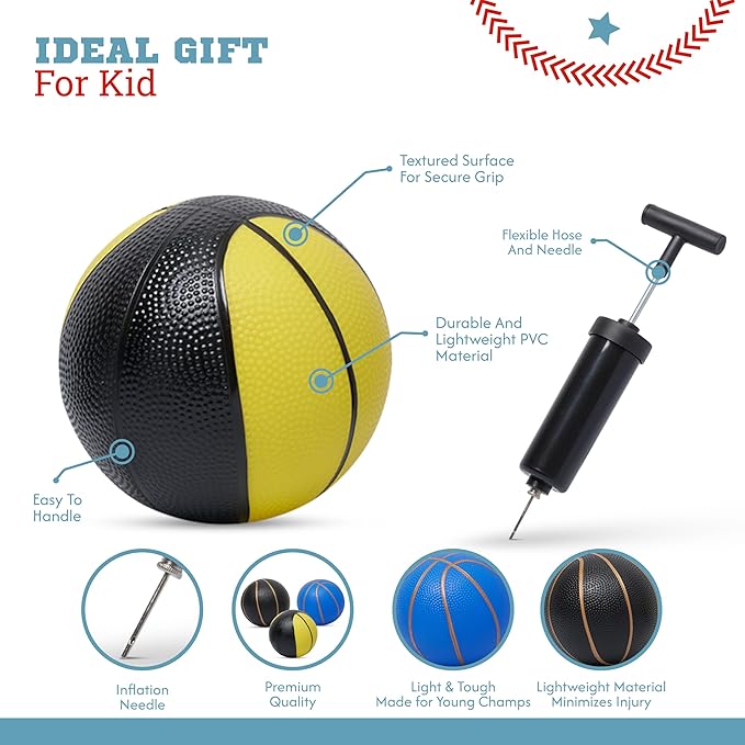 Botabee Mini Basketball - Set of 3 - Toy Basketballs with Manual Pump - Plastic Balls for Toddlers & Kids - Blue with Gold Lines, Black with Gold Lines and Black/Yellow Pattern for Indoor/Outdoor Play