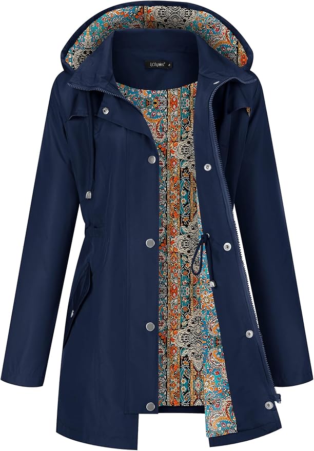 LOMON Women Waterproof Outdoor Hiking Raincoat Women Lined Rain Jacket Lightweight Hooded Jackets Trench Coats