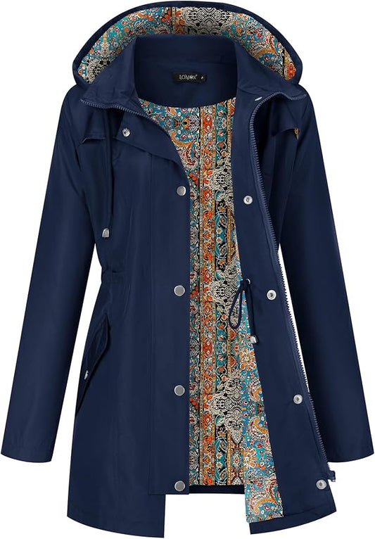 LOMON Women Waterproof Outdoor Hiking Raincoat Women Lined Rain Jacket Lightweight Hooded Jackets Trench Coats
