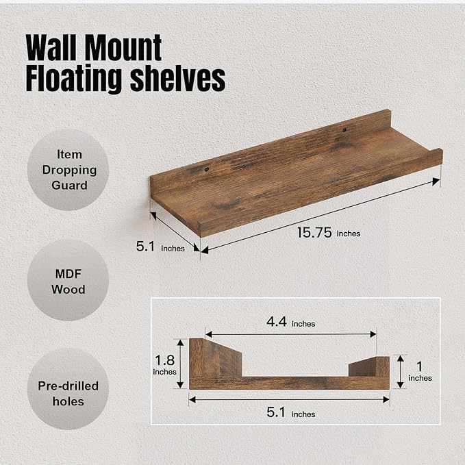 RICHER HOUSE 8 Set Floating Wall Mounted Shelves, Nursery Hanging Book Shelves with Lip for Storage, Display Picture Ledge Shelf for Bedroom Bathroom Kitchen Living Room Wall Decor, Rustic Brown | Display Picture Ledge Shelf, Anti-drop lip Shelf for Ro...