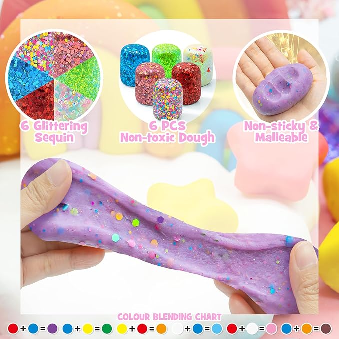 SIMPLIPLAY Unicorn Sensory Dough Kit, 6PCS 18oz Glitter Doughs with Accessories(120 Pcs+), Non-Toxic Colorful Sensory Dough for Girls Gift with Cutter, Unicorn Toys, Improve Fine Motor Skills