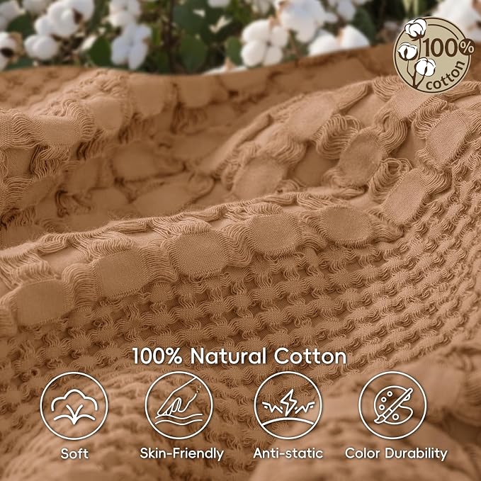 PHF 100% Cotton Waffle Weave Throw Blanket, Lightweight Breathable Summer Blanket for Couch Sofa, Pre-Washed Soft Throws for Bed, Office, Travel & Stylish Home Decor, 50"x60", Clay