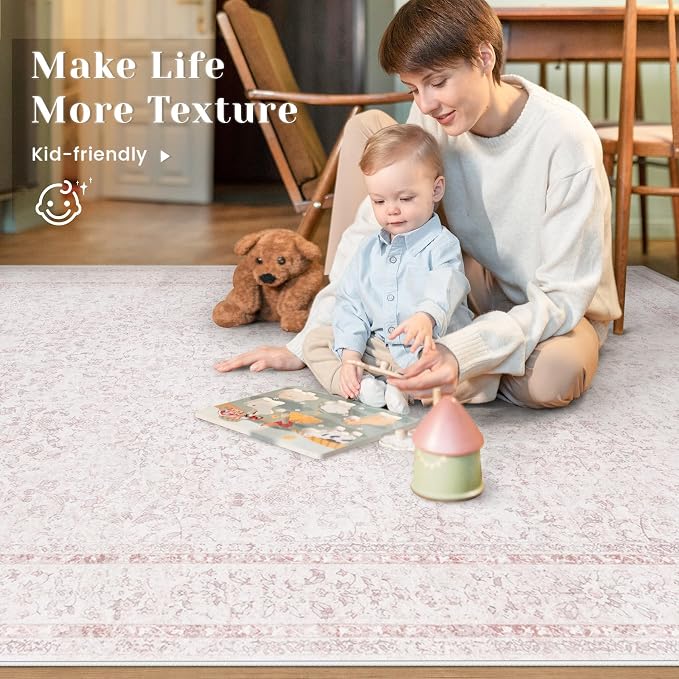 5x7 Area Rugs for Living Room: Washable Vintage Floral Rug Low Pile Non-Slip Boho Carpet for Nursery Bedroom Dining Room (Pink, 5'x7')