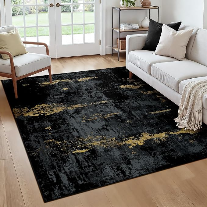 RELEANY Washable Square 6'x6' Area Rug for Living Room Black Gold | carpet for bedroom, kitchen, office, hallway and entryway, printed pattern, non-slip, soft, stain-resistant, easy to clean