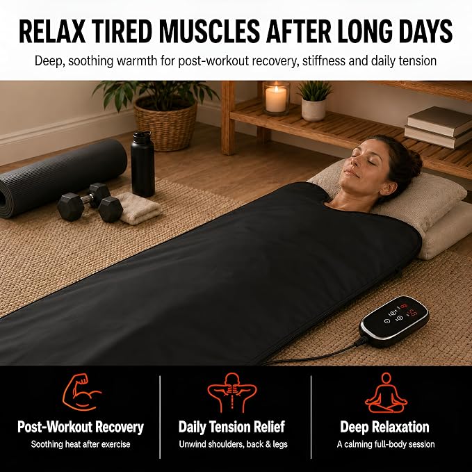 Portable Infrared Sauna Blanket for Home, Carbon Fiber Far Infrared Heating, Low EMF Full Body Sauna Blanket with Washable Towel Insert, Carry Bag & Digital Controller, Relaxation & Recovery