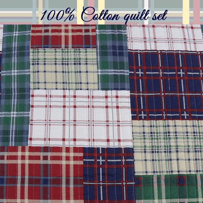 Cozy Line Home Fashions Nate Patchwork Quilt Set, Green Red Navy White 100% Cotton Reversible Coverlet Bedspread for Boy (Nate Patchwork, Queen - 3 Piece)