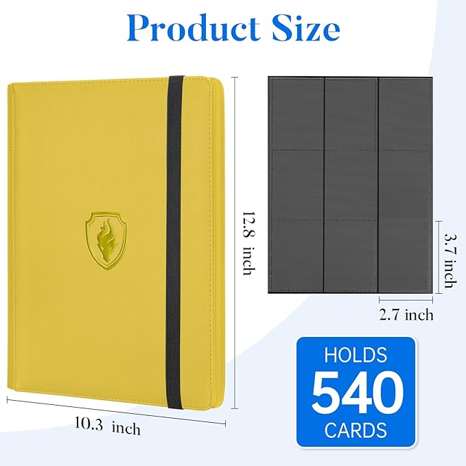 Premium 9 Pocket Card Binder for 540 Cards, Fabmaker PU Cover Trading Card Binder, Sturdy Card Collection Album, Sleek Card Holder Folders for Game Cards & Sports Cards, Yellow
