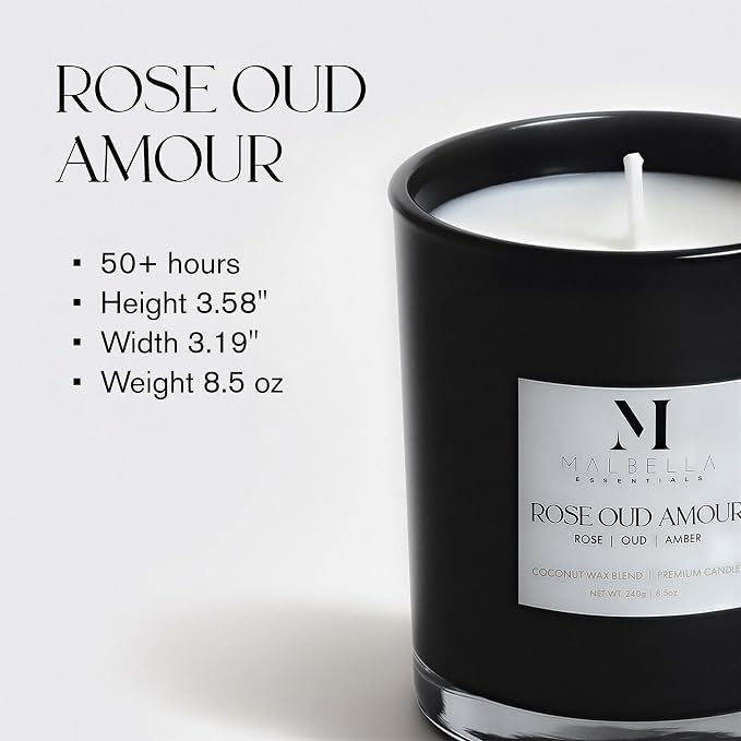 Candle & Warmer Set – 8.5 oz Coconut Blend Luxury Candle + Hand Blown Glass Lamp Warmer | Flameless Aromatherapy | Modern Self-Care Gift Set (Gold, Rose Oud)