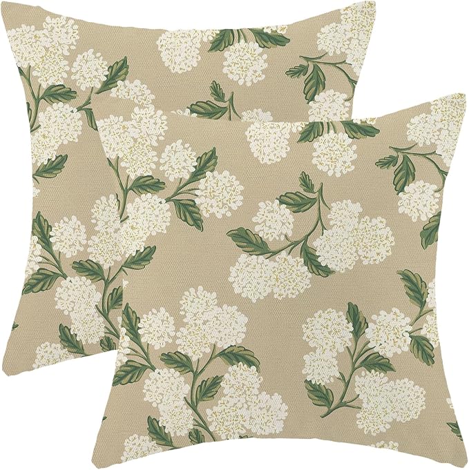 AEIOAE Spring Pillow Covers 24x24 Inch Set of 2, Beige Green Hydrangea Flower Throw Pillows Case,Floral Summer Outdoor Seasonal Decorative Farmhouse Decor Cushion Covers for Home Sofa Bed Couch