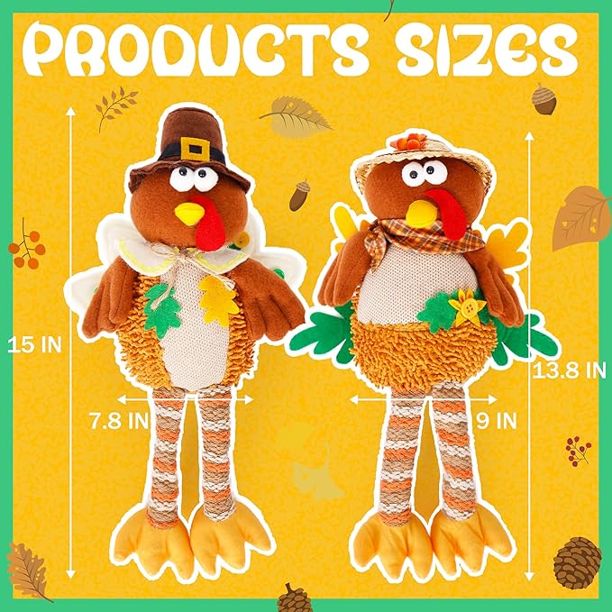 2 Pack Turkey Stuffed Animal, Thanksgiving Table Decor Turkeys Plush Fall Couple Doll Indoor Gift for Thanksgiving Day Party Boys and Girls