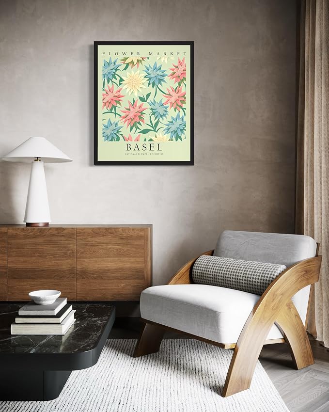 Switzerland Flower Market Art Print Poster, Wall Art Floral Painting Botanical Decor for Bedroom, Kitchen, Bathroom Livingroom Decoration 82B (Switzerland, 20"L x 16"W, Black Frame)