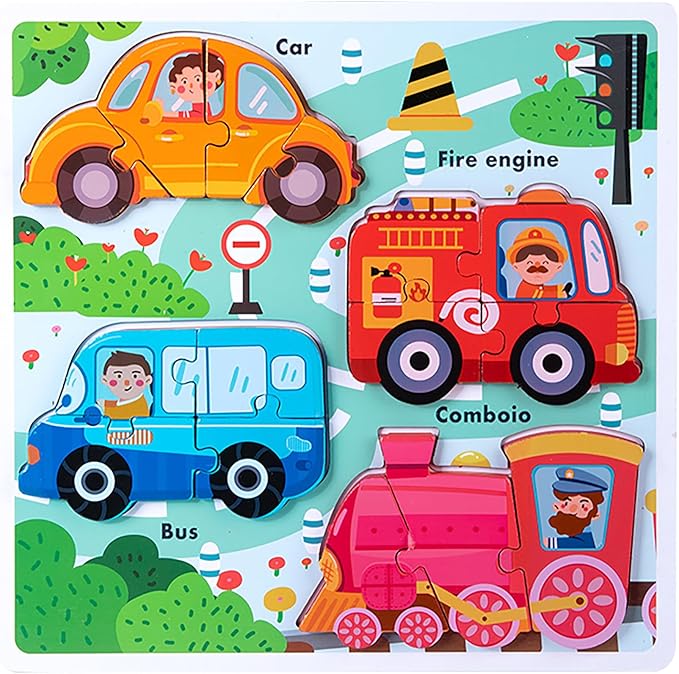 Wooden Puzzles for Toddlers 2-4 ，Vehicle & Dinosaur Toddler Puzzles Age 2-3，Toddler Toys for 2 3 Years Old Girls Boys，Montessori Learning Gifts for 2-3