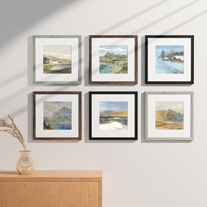 Vittanly 12x12 Picture Frames Set of 9 for Wall Mounting, Black&Brown&Grey | Display Pictures 8x8 with Mat or 12x12 without Mat for Wall Mounting, Square Photo Frames for Home Decor, Engineered Wood
