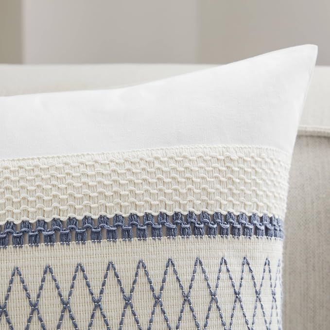 2pk Boho Pillow Covers 20x20, Natural White/Grid/Blue | 100% Organic Cotton Body, Stripe Embroidery, Farmhouse Decorative Cushion Covers for Sofa Bed Living Room Home Decor