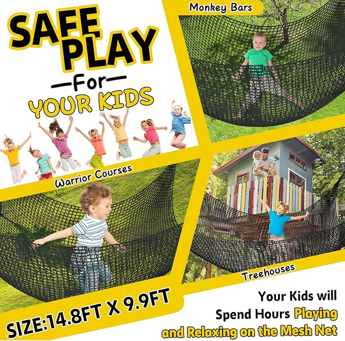 Climbing Net for Kids - 14.8FT x 9.9FT Double Layers Heavy Duty Playground Safety Net, Climbing Cargo Net for Tree House Tree Fort, Back Yard, Jungle Gyms, Monkey Bar Security Mesh（Black）