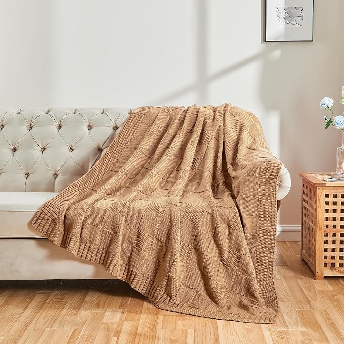 CozeCube Beige Knitted Checkered Throw Blanket 60"X80" | Check Knit Throw for Couch, Decorative Christmas Soft Cozy Warm Blanket for Bed Sofa Living Room