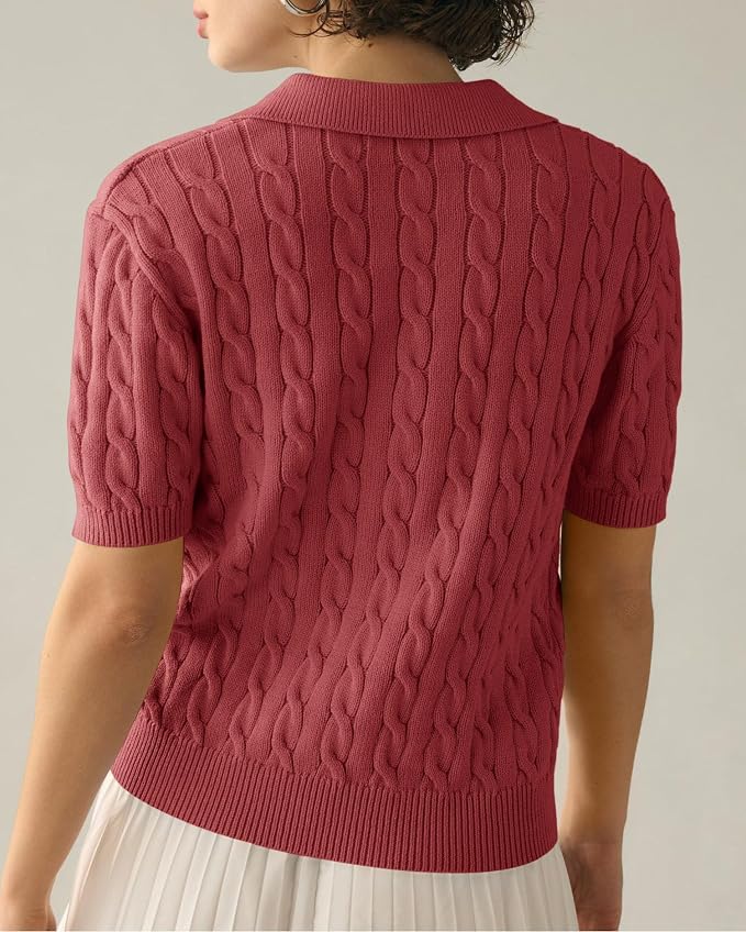 Imily Bela Womens Cable Short Sleeve Sweaters Tops Lapel V Neck Knit Shirt | Solid,Knit Casual,Soft Pullover,Fall Sweaters,Womens Summer Work Tops