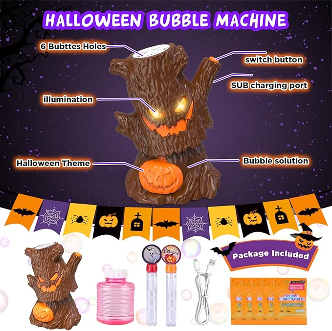 Affordable Halloween Bubble Machine Haunted Stump Bubble Blower USB Rechargeable Wobbly Head Fun Glow Eyes - Halloween Decorations Tree Gifts for Kids Boys Girls,Trick or Treat Party Favors Under $20