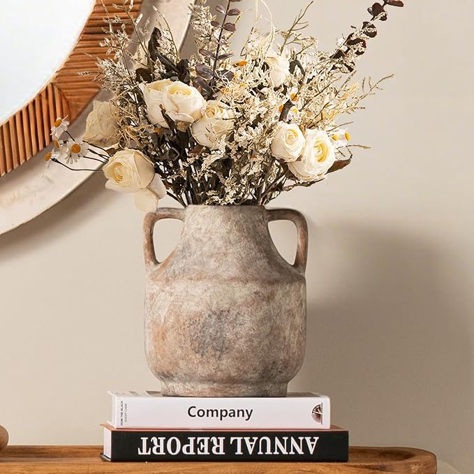 Mitt&Ditt Ceramic Flower Vase with Handles, 8 inch Tall Off-White Vase, Decorative Terracotta Vases, Farmhouse Rustic Pottery Vases for Home Decor, Living Room, Table