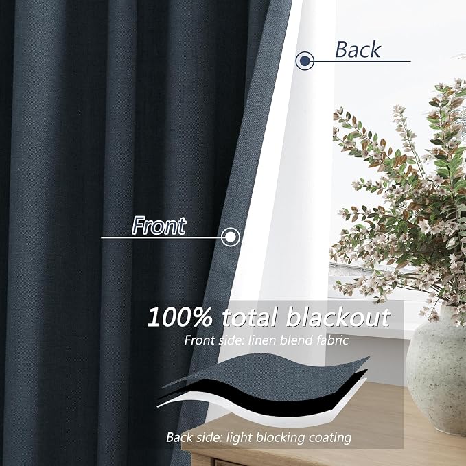 Guken 100% Blackout Linen Curtains 63 Inch Length 2 Panels Set for Living Room Bedroom Back Tab Thermal Insulated Black Out Linen Drapes Room Darkening Window Curtains,Vintage Blue