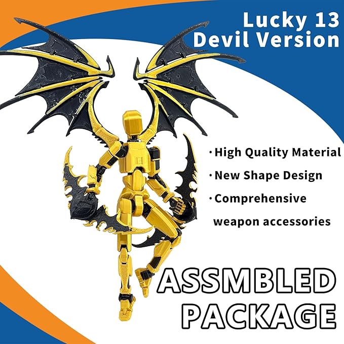 T13 Action Figure Already Assembled, Devil Wings Titan 13 Action Figure 3D Printed T13 Action Figures Set, T 13 Robo 13, Lucky 13, Gift for Dummy Collectors Desktop Decorations (Black Gold)