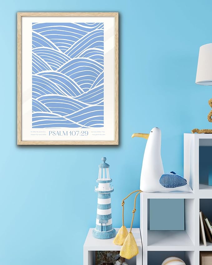EcoHest 16x20 in Psalm 107:29 Ocean Waves Framed Christian Wall Art | Solid Oak Wood Frame with Canvas Wall Art, Scripture Bible Verse Decor for Bedroom, Living Room, Office, Church, 1Pack