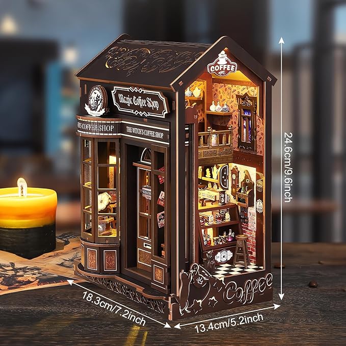 Foyucool DIY Book Nook Kit, Miniature Dollhouse Bookshelf Insert with Light, Laser-Cut Wooden Craft Set for Adults, Perfect for Teens and Adults, Coffee Shop
