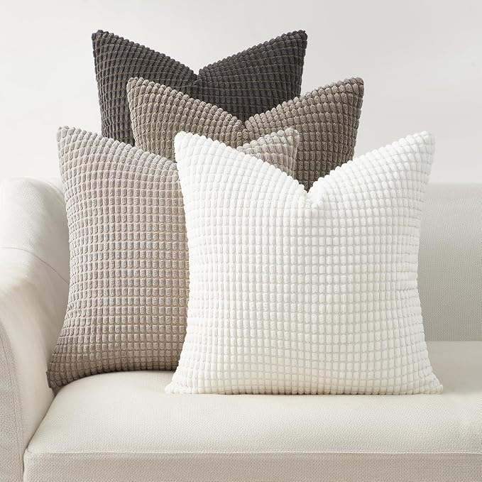 Topfinel Fall Pillow Covers Set of 4,Soft Corduroy Boho Strip Textured Neutral Grey Pillow Covers,Modern Farmhouse Cute Autumn Home Decor Gray Living Room Sofa Couch Bed 40x40 cm