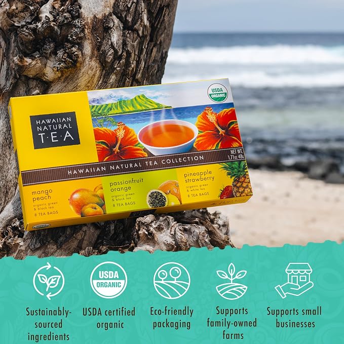 Hawaiian Natural Organic Tropical Fruit Tea Sampler - Green, Black, White Tropical Fruit Tea Blends, Gift Box Set For Special Occasions - 24 Bags
