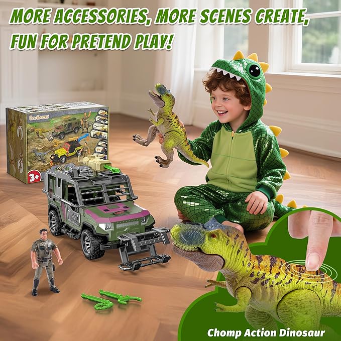 EKU Dinosaur Transport Truck with Trailer and 10 Sounds, Launcher, Clamp, Chomping T-Rex Figure, Human, Carrier, Push and Go Adventure Vehicle for Jurassic World Toys Pretend Play Gifts for Kids 3+