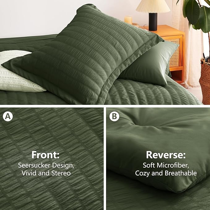 CozyLux King Size Comforter Set Olive Green Seersucker 7 Pieces Bed in a Bag King Comforter Set with Sheets, Luxury Soft Bedding Sets with Down Alternative Comforter, Sheets, Pillowcases & Shams