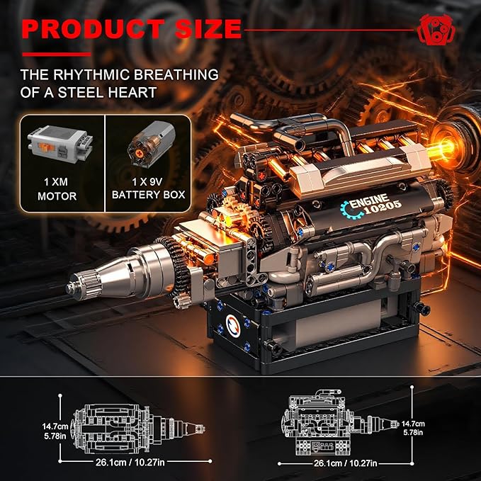 Sosuy RR V12 Motorized Engine Building Block Kit, Electric Motor Drive, Ultra‑Realistic Working Replica Model 733Pcs, STEM Educational Engines Toy Birthday Christmas for Boy Kid Adult 14+