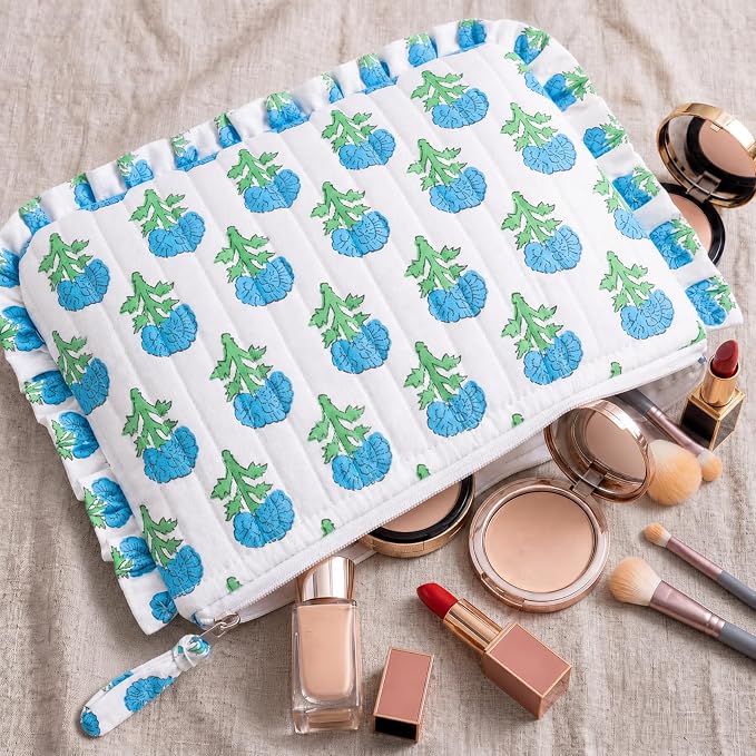 Gilprop Floral Makeup Bag Cute Cosmetic Bags for Women Travel Toiletry Bag with Ruffles Large Capacity Zipper Makeup Pouch Purse Organizer for Girls Brushes Skincare
