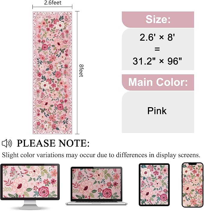 DUKINO 2.6x8 Runner Rug, Washable Runner Rug for Hallway Non Slip, Pink | Low Pile, Soft, Floral Indoor Rug for Kitchen, Entryway, Bedroom, Bathroom, Pet Friendly, Stain Resistant, Modern Home Decor