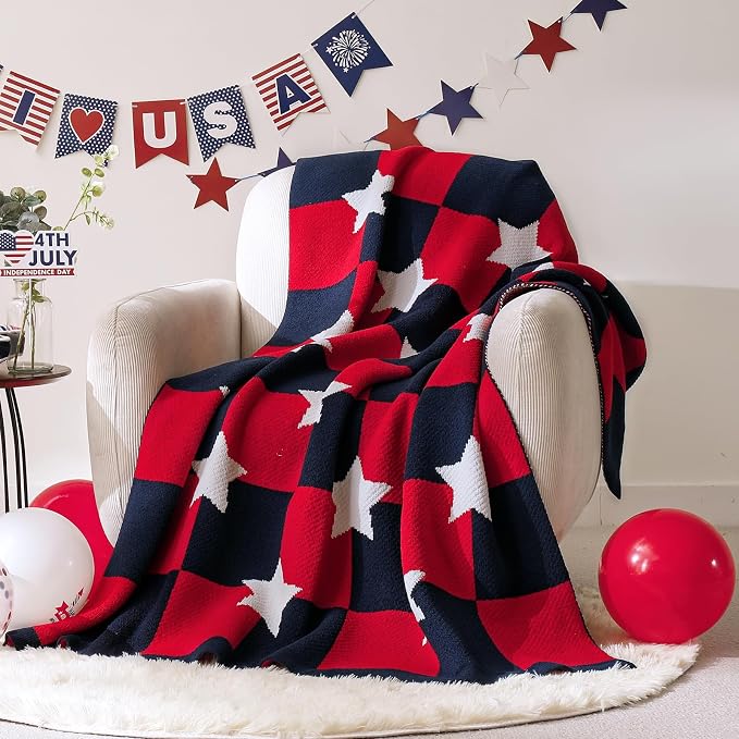 Patriotic Ultra Soft Knit Chenille Throw Blanket - Red White Blue Stars American Flag Pattern Cozy Blankets for Couch, 4th of July Memorial Independence Day Gifts, 50"x60", Red&Blue