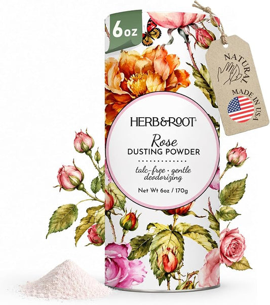 Herb & Root Talc Free Body Dusting Powders. Rose, Vanila, Sandalwood, Lavender, Jasmine, and Gift Sets (Full Size, Rose)