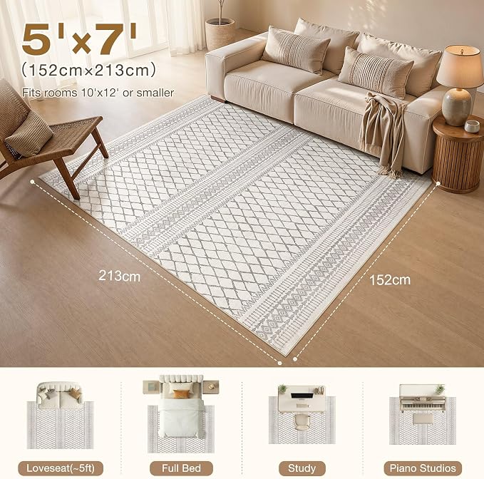 cotiled 5x7 Area Rugs Living Room Rug: Washable Boho Rugs with Non Slip Backing Large Soft Indoor Stain Resistant Carpet for Bedroom Farmhouse Dining Room Lightweight Home Decor Beige/Gray