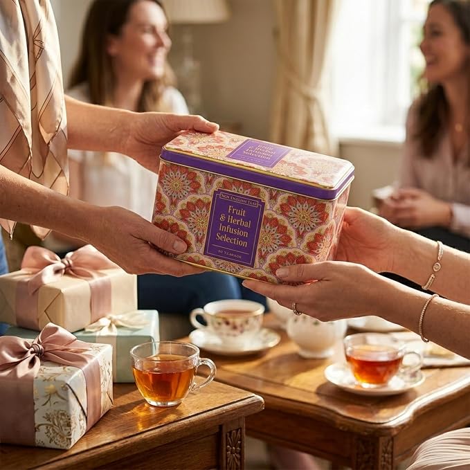 New English Teas Fruit & Herbal Tea Selection Gift Set – 40 Individually Wrapped Caffeine-Free Tea Bags in Decorative Floral Tin – Variety Pack including Peppermint, Berry, & Camomile