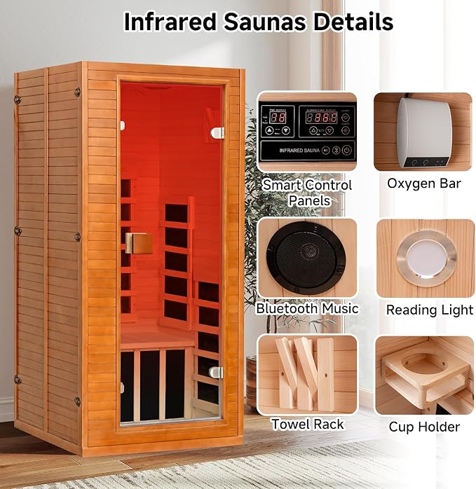 Real Relax Infrared Sauna with 660 & 850nm Red Light Therapy, Full Spectrum Sauna with 7 Heater, 1290w 120v, Fast Heat-Up, 1 Person Canadian Hemlock Wood Dry Sauna for Indoor, Home Gym, 31.5*30.3*67"