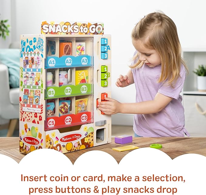 Melissa & Doug Sort-Stock-Select Wooden Vending Machine Toy with Play Food, Mini Vending Machine Toys & Play Money, Preschool Toys for Kids Ages 3+