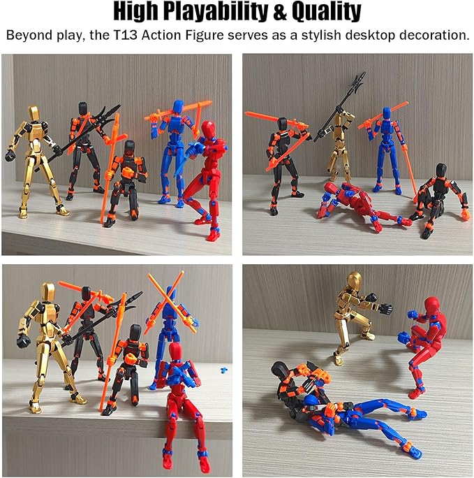 (Assembly Completed) T13 Action Figure Set, 4PCS Robot 3D Printed Toys Lucky Titan 13 Action Figure with Multiple Accessories, Dummy 13 Multi-Jointed Movable, Gifts for Boys and Girls (4PCS)