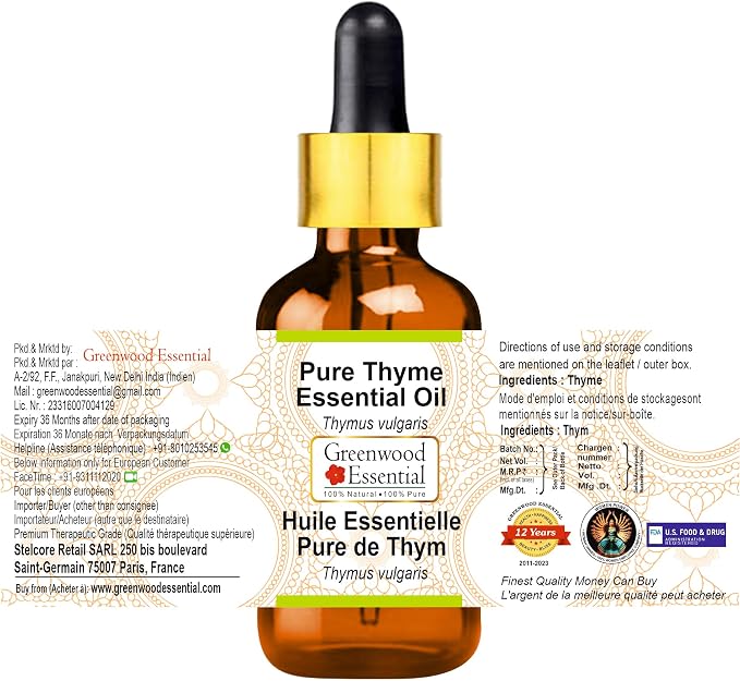 Greenwood Essential Thyme Essential Oil (Thymus vulgaris) with Glass Dropper Steam Distilled (Pack of Two) 100ml X 2 (6.76 oz)