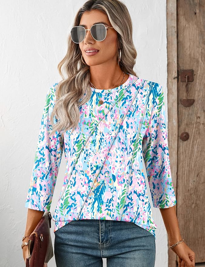LOMON 3/4 Length Sleeve Womens Tops Spring Summer Fashion 2026 Tops Crew Neck Pleated Shirts Tunic Top Loose Fit