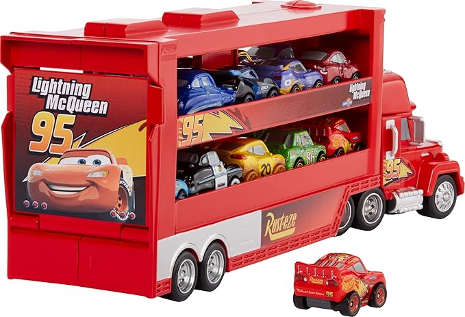 Mattel Disney and Pixar Cars Toy Transporter, Large-Scale Truck, Mack Hauler Holds 18 Miniatures & Includes 1 Metal Lightning McQueen, Play & Display