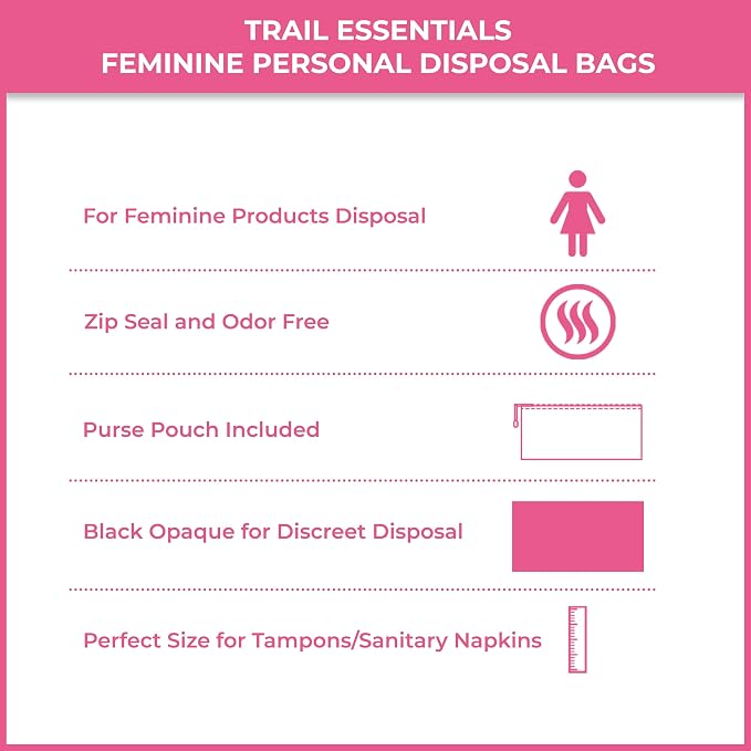 Feminine Personal Disposal Bags- 100 Black Opaque Bags for Sanitary Disposal, with Purse Pouch. Discreet Disposal for Tampons, Pads, and Liners (Pink)