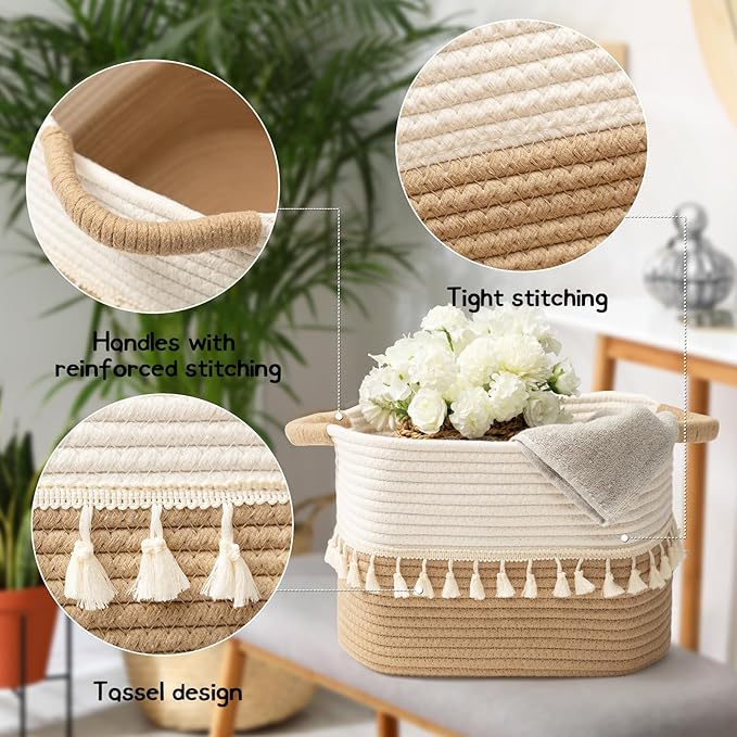 TeoKJ Woven Storage Bin Set of 3, Cotton Rope Basket for Storage, Clothes Boho Basket Bin for Organizing, Fabric Basket for Books, Plants, Pet Treats, White & Jute