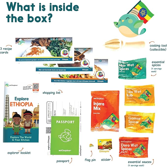 Cooking Kits for Kids - Interactive & Educational Set with 3 Recipe Cards, Key Ingredients & Cooking Tools - Ideal Idea for Kids who Love to Create Meals (Ethiopia Edition)