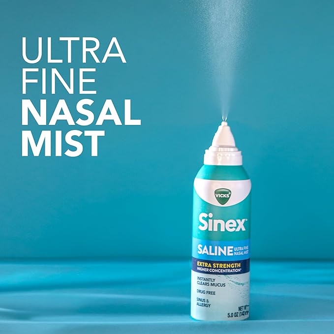 VICKS Sinex Saline Extra Strength Nasal Spray, 3X Concentrated* Drug Free Ultra Fine Mist, Instantly Clears Mucus, Ultra Concentrated to Clear Congestion Fast, Safe For Daily Use, 5 OZ x 2