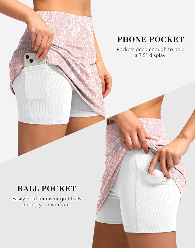 Women's Golf Skirts Skort 4 Side Pockets High Waisted Stretchy Tennis Skirt | Silky Soft, Lightweight, Breathable, Built-in Mesh Shorts, High Waisted, Elastic waistband, Moisture-Wicking, Athletic
